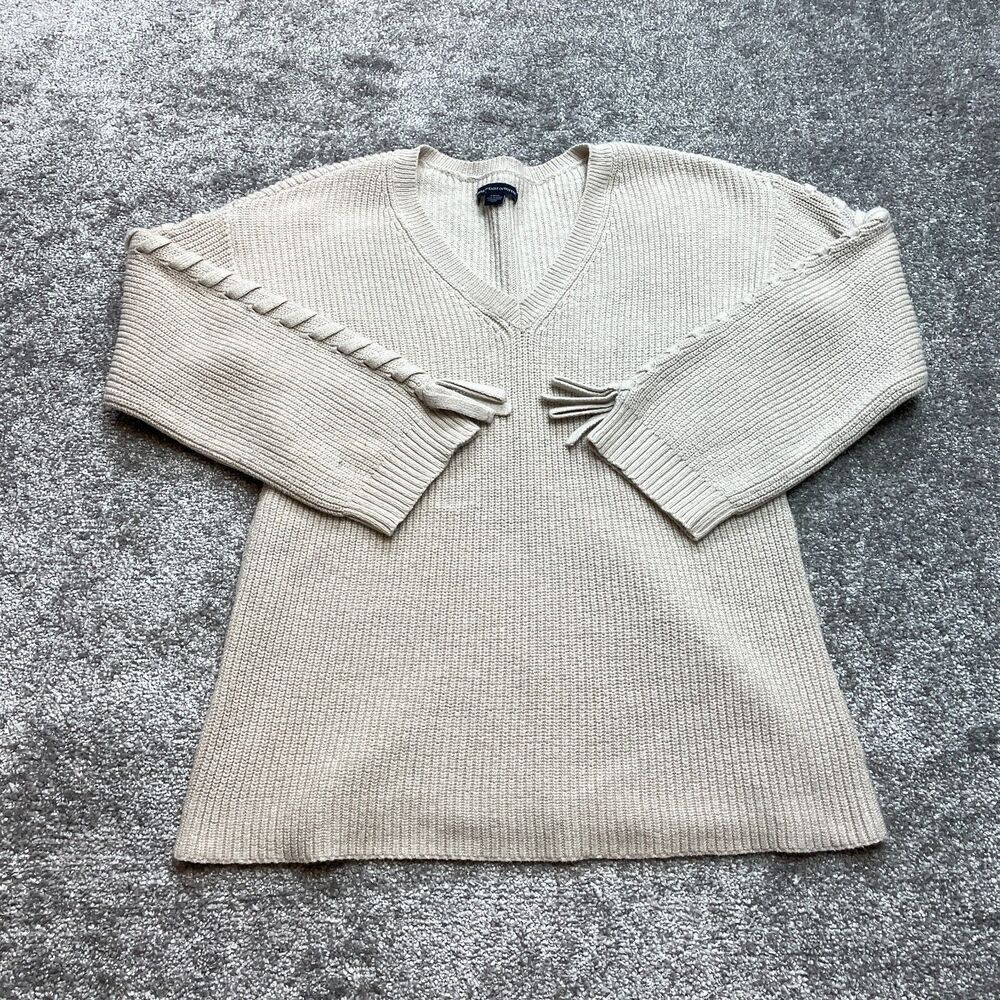 American Eagle Sweater Womens Small Beige Pullover Knit Soft Ribbed VNeck Ladder